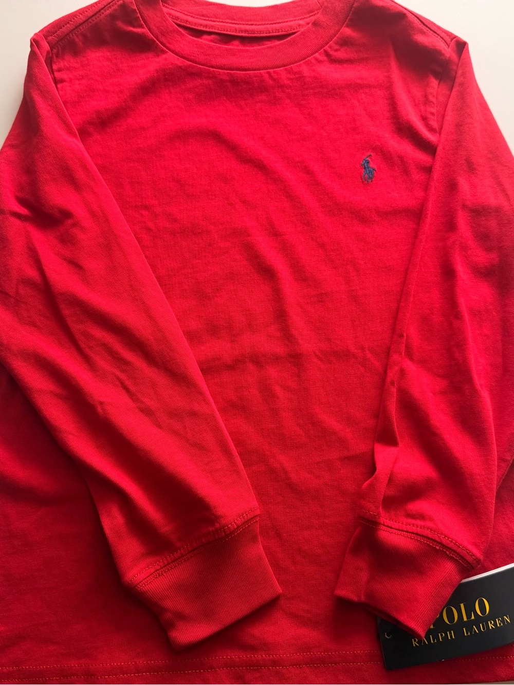 Ralph Lauren Long-Sleeve Crewneck Shirt in Bright Red with Navy Logo